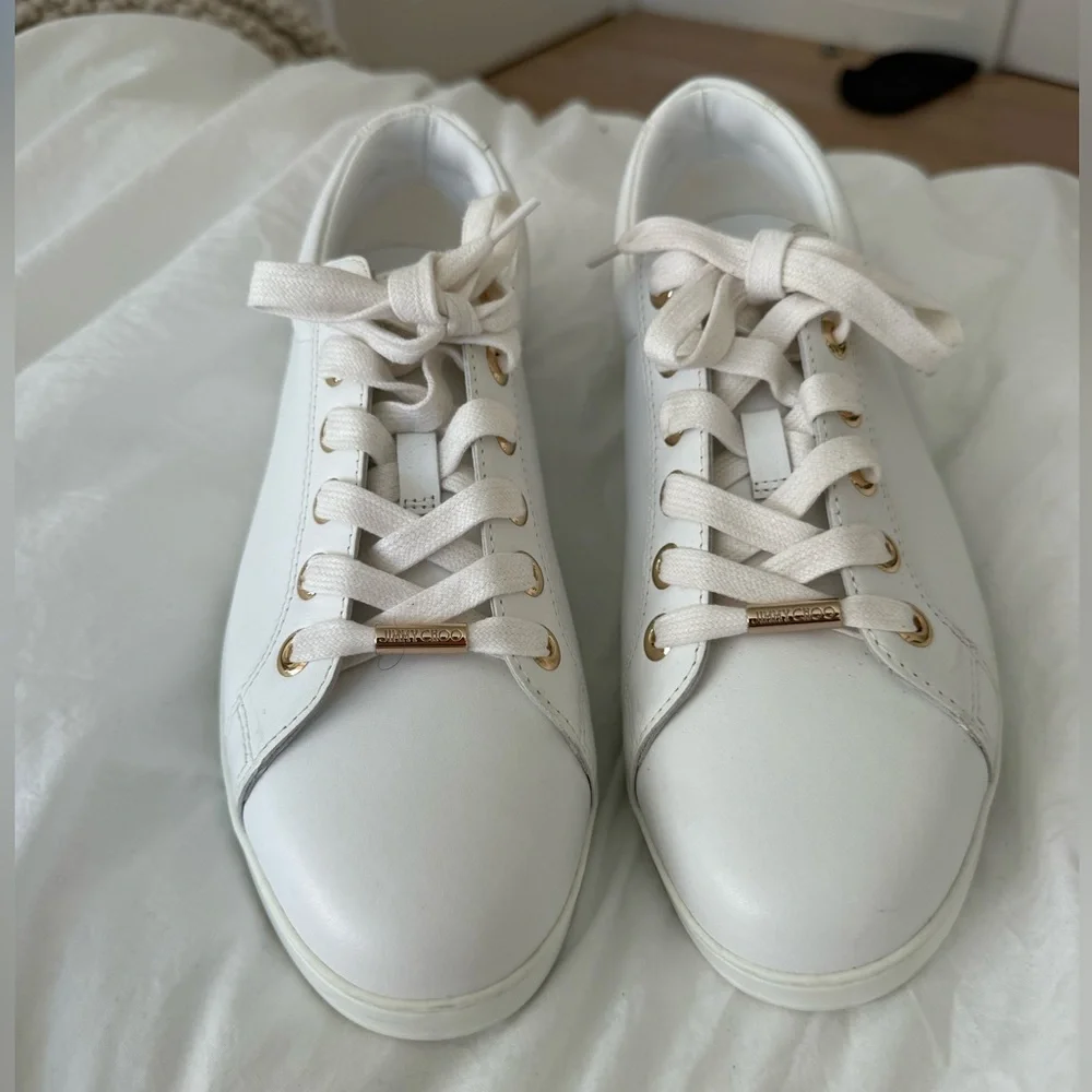 NEW Jimmy Choo White and Star Studded Gold Leather Sneakers 41.5 / 10 US